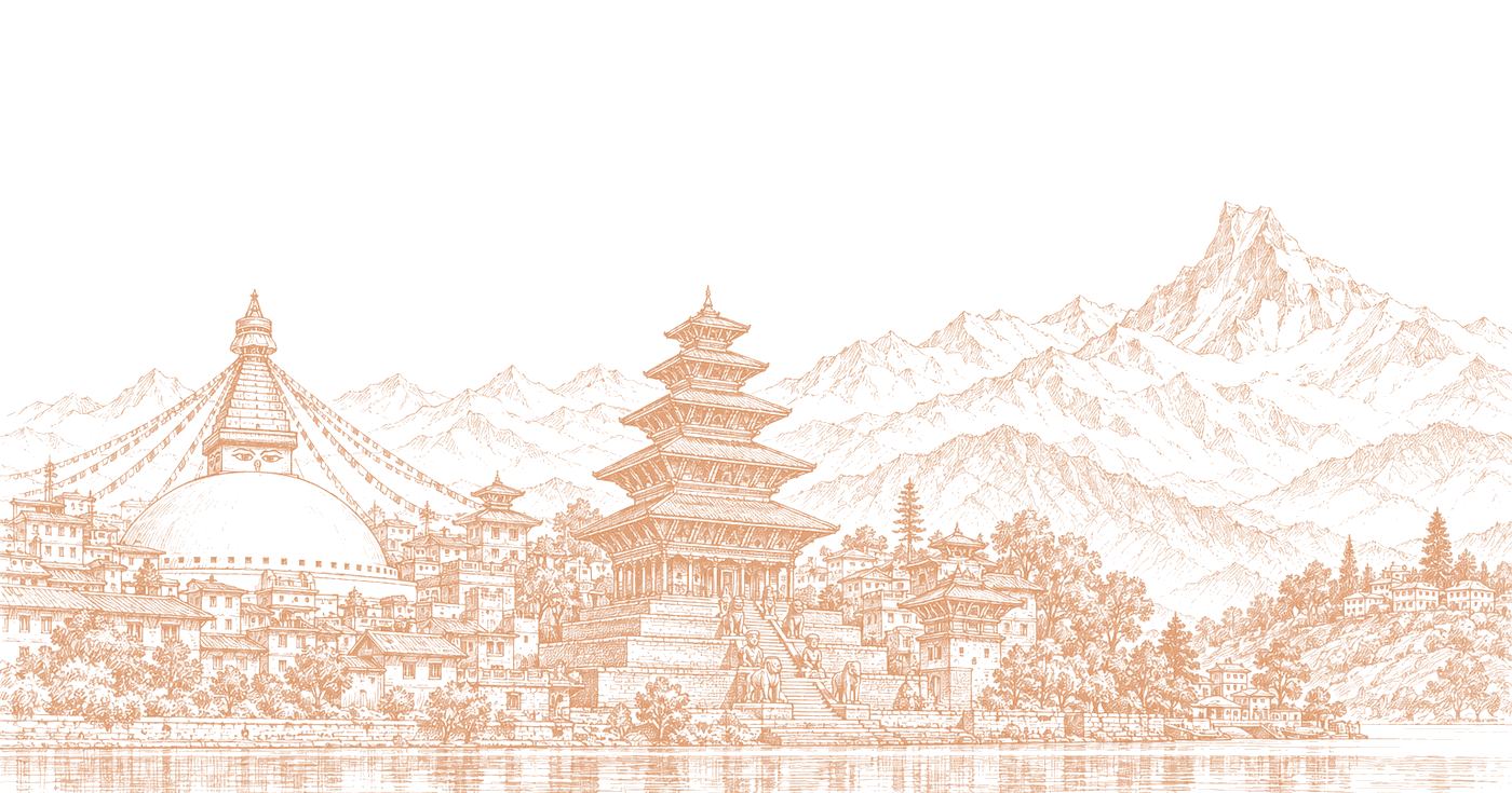 Line drawing of Nepal: Boudhanath Stupa, the Nyatapola pagoda, Phewa Lake and the Himalaya