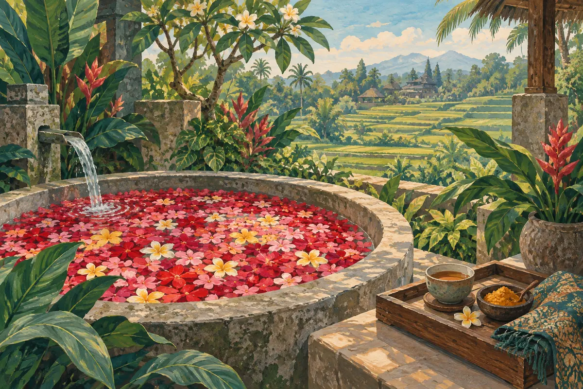 Illustration of a stone flower bath covered in petals beside ginger tea and turmeric scrub in Ubud