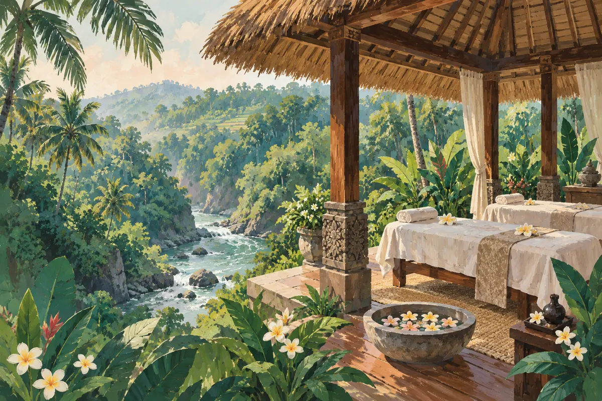 Illustration of an open-air Balinese spa pavilion above a jungle river gorge near Ubud