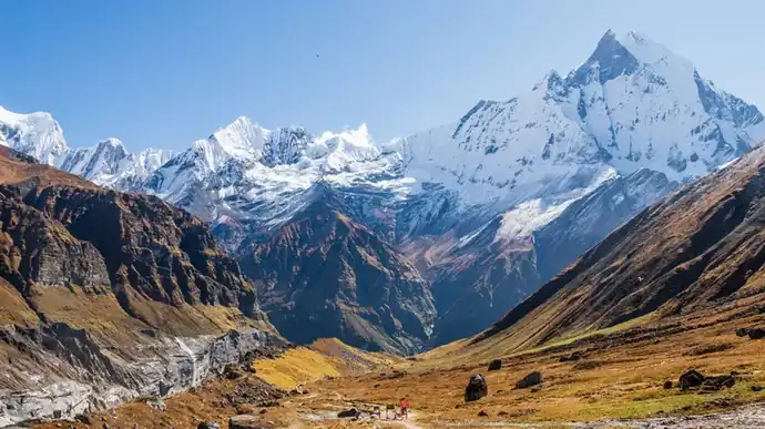 Snow-covered Annapurna mountain range in Nepal