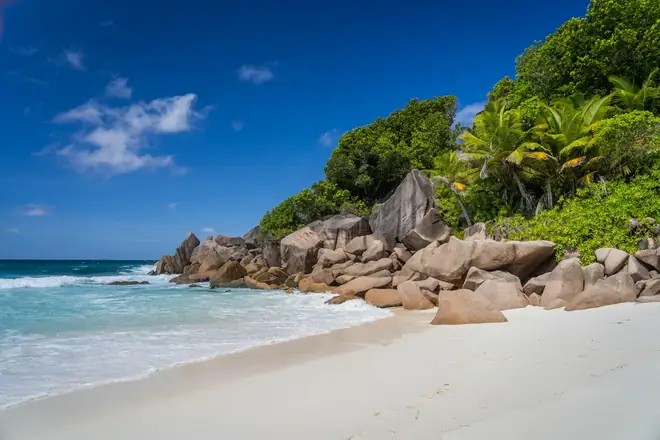 Granite boulders and a palm-fringed beach in Seychelles